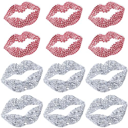 GORGECRAFT 12 Stück 2 Farben Strass Lippen Zum Aufbügeln Silberroter Kuss Kristallstickerei Aufnäher Diamanten Bestickte Hotfix Applikation Für T Shirt Kleidung Jacke Hut Tasche Rucksack Dekoration