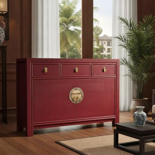 OPIUM OUTLET Chinesische Kommode Asia Sideboard orientalischer Schrank asiatische Vintage Möbel Anrichte Hochzeitsschrank komplett montiert rot Scarlet-red