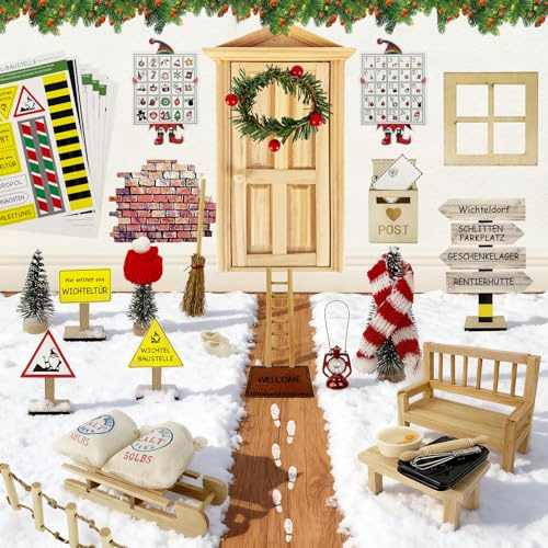 HUTRADE 61 PCS Wichtel Set Weihnachten Komplett, Wichteltür, Weihnachtsmütze, Weihnachtsschal, Weihnachtsbaum, Briefkasten, Backset, Fußmatte und Mehr für Kreative Weihnachtsdeko, Kinder 3-10 Jahre
