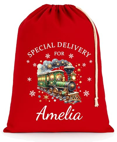 Chicken Craft Personalised Christmas Santa Sack with Custom Name - Extra Large - Red - 75x49cm - Festive Train