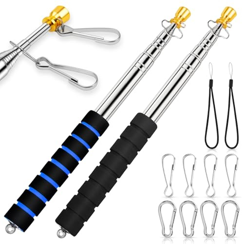 ICOMEY 2 Pack Telescopic Handheld Flag Pole Portable for Carrying, 6.56Ft/2M Stainless Steel Telescoping Flagpoles Extendable, Hand Held Tour Guide Flagpole with 4 Pcs Clips for 3x5 Flag (Black+Blue)