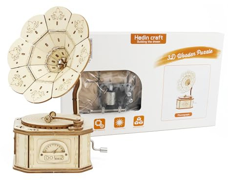 ACESOME 3D Wooden Puzzle Gramophone Kits, Hand-Cranked Phonograph Music Box, Classic Phonograph Puzzles for Adults & Kids, Wooden Puzzles for Home Decor, Christmas Birthday Valentine Gifts