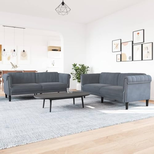 Mandloder 2-TLG. Sofagarnitur, Dunkelgrau Samt Couch Set, Modernes Wohnzimmer Sofa, Polstergarnitur mit Massivholzfüßen, Komfortable Schlafsofas für Zuhause