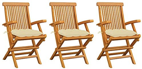 Mokuyary Trädgårdsstolar med krämvita kuddar, set om 3, massivt trä, teak, balkongstol, terrassstolar, matstolar för terrass, trädgård, balkong
