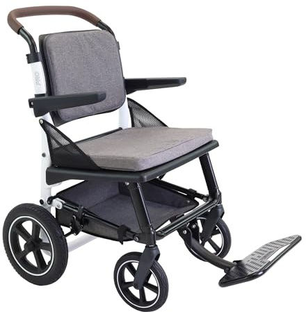 KMINA Fauteuil Roulant de Transport Pliant en Aluminium, Léger et Maniable, Poignées Réglables, Frein de Stationnement, Siège Rembourré avec Panier, Blanc, Modèle PRO
