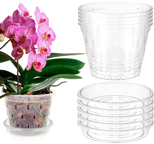 Orchid Pot, 5 Pcs Plastic Plant Pots with Holes and Saucer, Clear Flower Plant Pot for Dendrobium, Phalaenopsis, Peace Lily and Gardenia, Slotted Orchids Planter for Living room, Office and Garden (L)