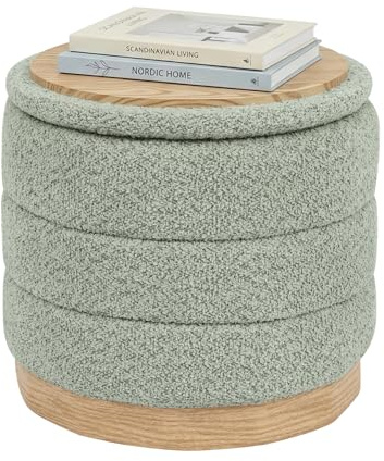 PINPLUS Runder Sitzhocker mit Stauraum, Chenille, 39x39x37 cm, Salbeigrün | gepolsterter Hocker, klappbar, Couchtisch & Fußhocker, Holzoptik Kunstleder Verzierung, für Wohnzimmer, Schlafzimmer, Flur