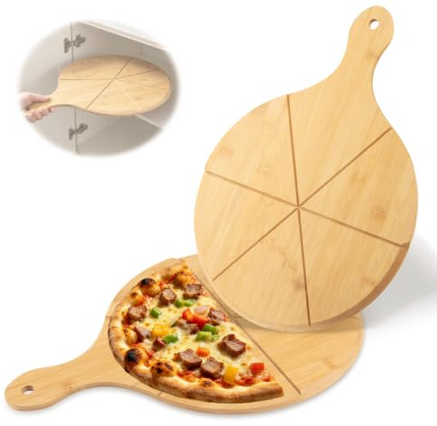 2 Stück Pizzabrett, Pizzateller Holz mit Griff Ø 33 cm, Beidseitig Nutzbar