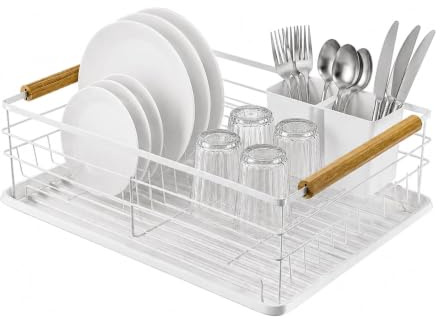 Amig - Escurreplatos Graz II Blanco - 42 x 31,5 x 15 cm - Acero con Mango de Madera - Color Blanco - Escurreplatos con Bandeja de Goteo y Soporte para Cubiertos - Capacidad 10 Platos y 6 Vasos