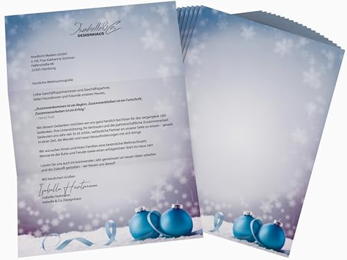 Weihnachtsbriefpapier | Weihnachtskugeln im Schnee | 20 Blatt weihnachtliches Motivpapier DIN A4 | Briefpapier