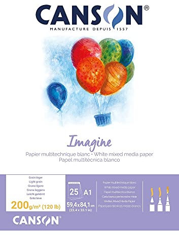 CANSON Imagine, Mixed Media Papier, leichte Körnung, 200 g/m², an der kurzen Seite geleimter Block, DIN A1, 59,4 x 84,1 cm, Naturweiß, 25 Blatt