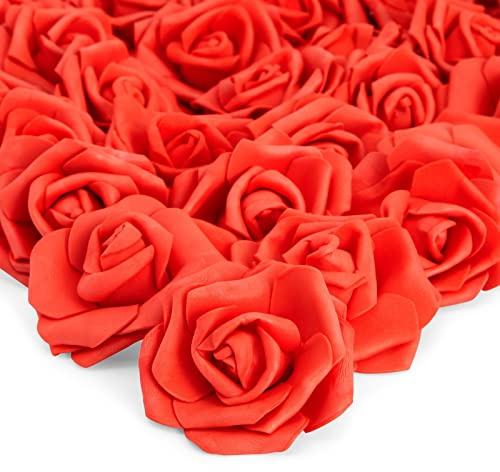 Juvale 100 Pack Red Artificial Flowers, Bulk Stemless Fake Foam Roses for Wedding, Decorations, Bouquets (7 cm)