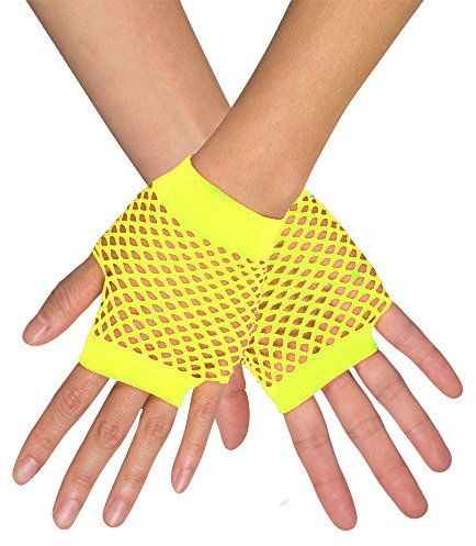 Kurze Fingerlose Netzhandschuhe New York - Neon Gelb - Zubehör Party Fasching und Show Kostüme