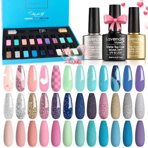 Lavender Violets UV-Gel-Nagellack 21 PCS Halloween Violett Farbemit Base und Matte-Glänzende Top Coat Geschenk-Set Soak Off LED Nägel Maniküre Kit Feiertag Partei F986