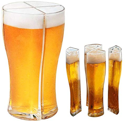 4 in 1 Bierkrug Super Schooner Glas entworfen, um Sie einfach 4 Biergläser auf einmal zu tragen, kreatives lustiges Glas Bierkrug Set Kapazität Dicker Glas Tasse Bierkrug für Party Urlaub Geburtstag