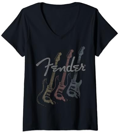 Donna Fender Stacked Guitar Faded Logo Maglietta con Collo a V