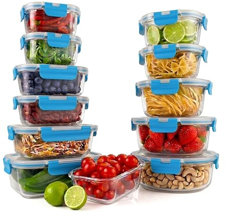 NutriChef Lot de 12 Boîtes de Conservation en Verre Empilables – Couvercles Hermétiques pour Meal Prep Rangement Alimentaire Réfrigérateur Congélateur