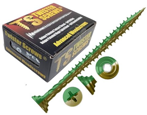 TwisterScrews E-Coat - Viti per terrazze con rivestimento elettropoliferico superiore, rivestite in marrone chiaro/verde, autofilettanti/svasatura, testate in nebbia salina per 1000 ore (200, 5 x 70