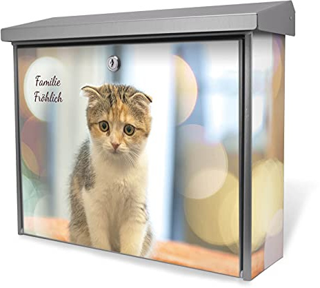 banjado® Burgwächter Briefkasten Edelstahl 38,5x31,5x12cm mit Motiv Kleine Katze/Briefkasten Edelstahl ohne Zeitungsfach/Briefkasten grau/Postkasten inkl. Montagematerial & 2 Schlüsseln