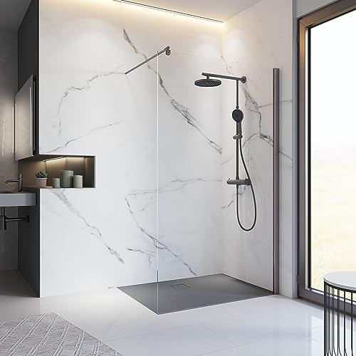 Schulte paroi de douche fixe à l'italienne 120 x 200 cm, barre 122 cm incluse, profilé gun metal, montage gauche droite, verre de sécurité transparent 6 mm antical, plage de réglage 118.0-120.5