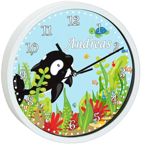 CreaDesign, Wanduhr Kinder personalisiert mit Name, Motiv Unterwasserwelt, Rahmen Wanduhr weiß, Ø 19,5 cm