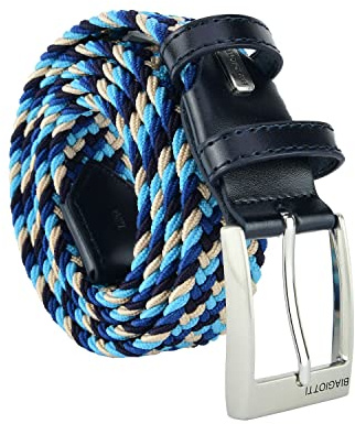 Biagiotti Cinturón Elástico Trenzado, para Hombre y Mujer, con Detalles de Piel Auténtica y Caja de Regalo