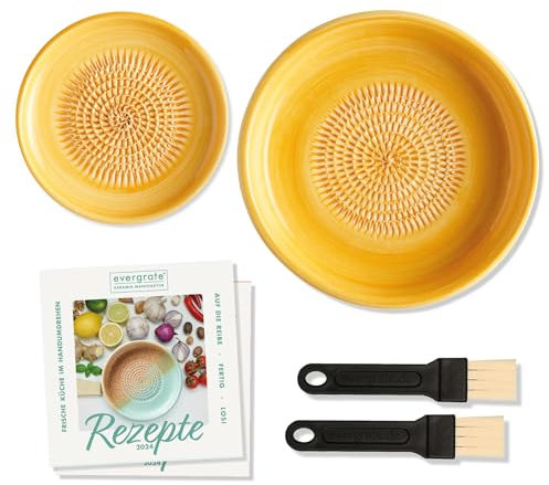 evergrate Geniales Duo: Tellerreibe + Dipschale Motiv Sonnengelb mit 2 Küchenpinsel und 2 Rezepthefte