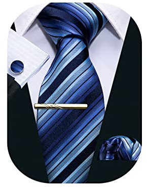 Barry.Wang Herren Seiden-Geschäftskrawatten mit Taschentuch Manschettenknopf-Streifen Plaid-Krawatten-Set Feierliche Hochzeit