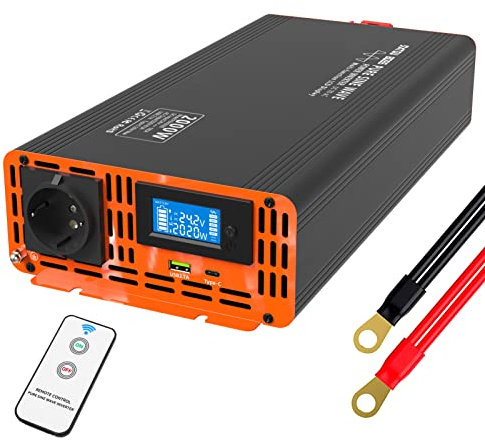DATOUBOSS Wechselrichter 24V DC auf 230V AC Reiner Sinus 2000W/4000W, Spannungswandler 24V 230V LCD-Display und 1x USB + 1x Type-c Spannungswandler Reiner Sinus Inverter Pure Sine Wave