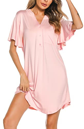 Wikoan Chemise de Nuit Femme Nuisette en Modal Col V Couleur Unie Chemises de Nuit Été Femmes Manches Courtes Vêtements de Nuit Rose XXL