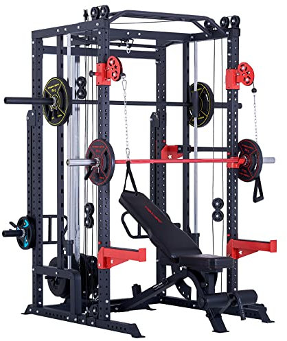 Train Hard Power Rack Multipresse Kraftstation Smith Maschine mit Hantelbank, Beinpresse, Klimmzug, Latzug, Dip Bar, Rudern, Langhantel und Zubehör (ohne Hantelbank)
