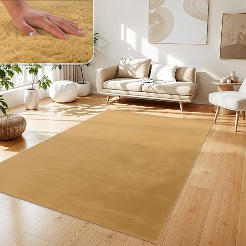 Paco Home Teppich Wohnzimmer Kunstfell weich waschbar modern elegant pflegeleicht Felloptik Uni Seidenglanz flauschig Hochflor, Grösse:160x220 cm, Farbe:Gelb