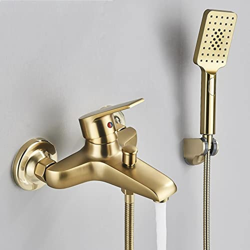 FnnEmg Badewannenarmatur Mit 3 Arten Modus Handbrause, Gebürstetes Gold, Wandmontage Wannenarmatur Messing Wannenfüller, Einhand Kalt Und Warmwasser Wannenmischbatterie