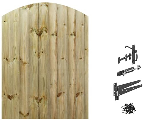 Made to Measure 5ft Wooden Garden Gate, Suffolk Latch Fixing Kit, Custom T&G Fully Framed Arch Top Treated Timber Door for Outdoor Pathway Home Access, MAX 150cm High x MAX 105cm Wide