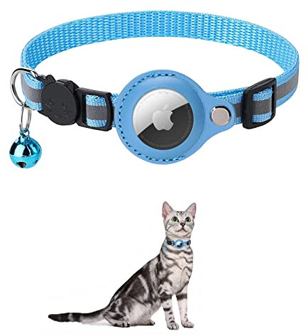 KOCNYDEY Reflektierendes AirTag Katzenhalsband, Anti-Lost Cat Tracker Halsband mit verstellbarem Halter & integrierter Glocke Apple Air Tag Katzenhalsband für Katzen kleine Hunde Welpen (Blau)