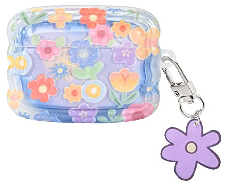 Newseego Custodia per Airpods Pro 2 Generazione Cover per Ragazze Donne, Cornice a Onde con Motivo a Fiori Carino Cover in TPU Antiurto Protezione Completa con Portachiavi per Airpods Pro 2 Custodia