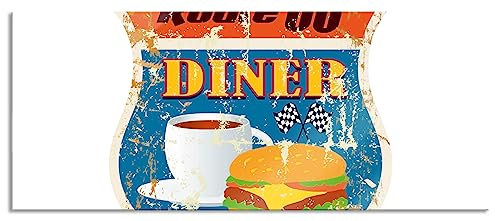 Pixxprint Glasbild Panorama, Wandbild aus Echtglas, Altes Route 66 Schild Diner, 100x40 cm, inkl. Aufhängung und Abstandshalter