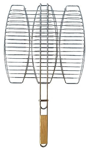 EMPOTEC Griglia Pesce BBQ Barbecue 38x37cm Apertura a Libro Metallo e Legno Graticola Arrostire 3 Pesci Piastra Forno Giardino PIC Nic