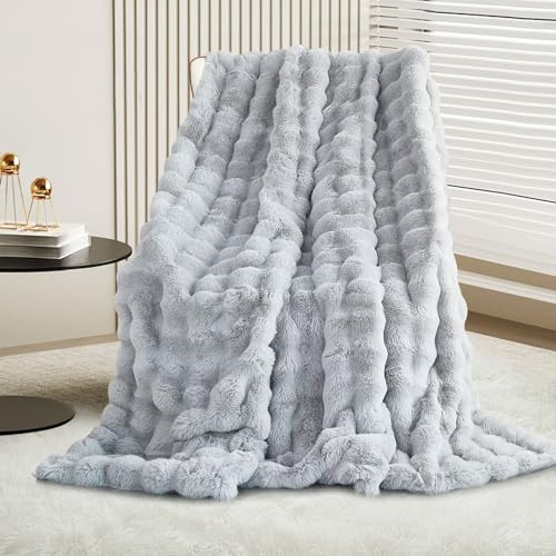 Luxuriöse Plüsch-Überwurfdecke, superweiche, gemütliche, flauschige Decke, Kunstfelldecke, leicht, warm, für Couch, Bett, Sofa, 130 cm Breite x 160 cm Länge, Hellgrau