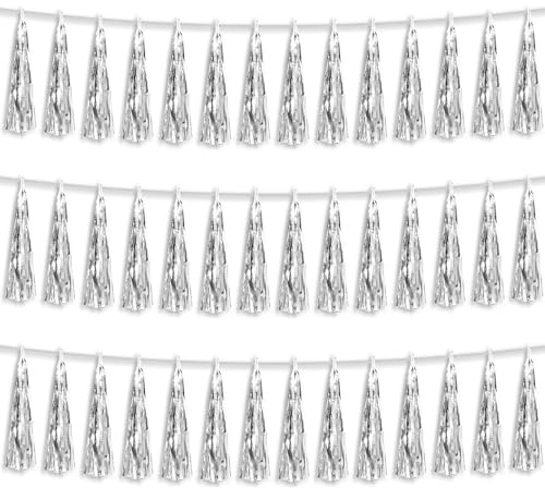 3P Silver Foil Fringe Metallic Tassel Streamers Banner Tassel Garland for Parade Floats, Bachelorette, Wedding, Birthday, Halloween, Christmas, Bridal/Baby Shower Party Decorations