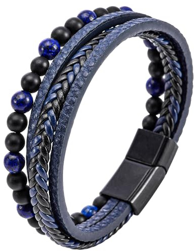 Mochity Bracelet Cuir Homme, Bracelet Perle Homme, Noir bleu Marron Bracelets Pour Hommes, Avec Boîte Cadeau
