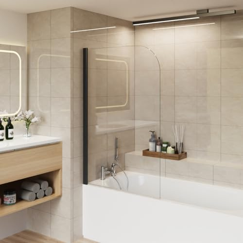 Aquariss 800x1400mm Round Corner Bath Screen Pivot Black | Aluminum Frame, Toughened Glass, Easy to Clean, Reversible, Wall Adjustment, Seal Strips