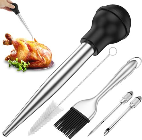 Turkey Baster Stainless Steel Turkey Baster Syringe Bulb Detachable Turkey Baster Injector Set Reusable Meat Injector Set with Basting Brush Cleaning Brush 2 Needles for Cooking BBQ Grill Baking
