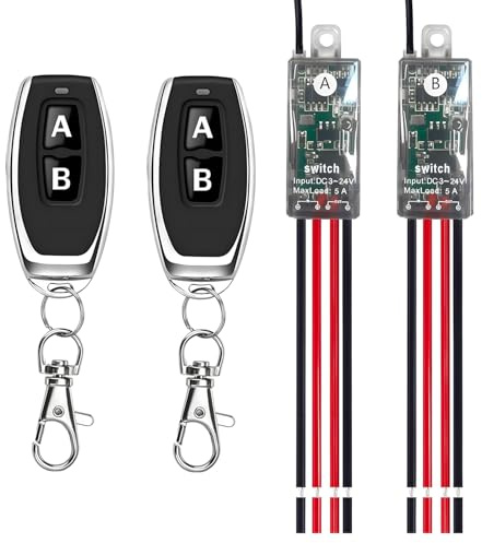 Mini Wireless Switch,5V/12V/24V/5A Relay 2 Way Remote Control Switch 1 Channel,164FT Long Range for Ceiling Lights, Led Strip,Alarm Bell,Light Bar.(2Receiver)