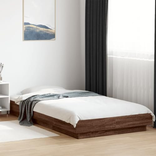 Homgoday Bettgestell mit LED Bettrahmen Bett Einzelbett Doppelbett Holzbett mit Lattenrost Gästebett Jugendbett Schlafzimmerbett ohne Kopfteil Braun Eichen-Optik 90x200 cm Holzwerkstoff
