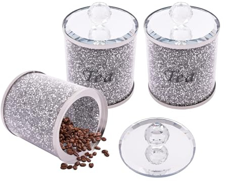 CuCummoo Set con 3 diamantes triturados, bidón de cristal moderno para café, azúcar, té, harina de cereales, tarros de cristal, latas decorativas para cocinas, molinillos, graneros
