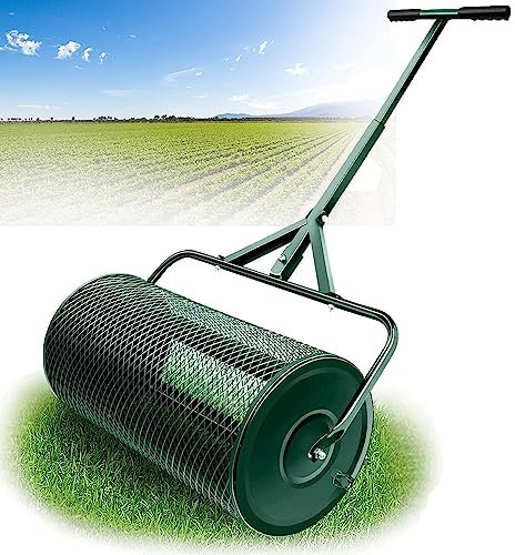OJKJGY Rasen- und Gartenstreuer, 24-Zoll-Metallgitterkorb-Schiebestreuer, Kompost, Torfmoos, Mutterboden, Mulch, leichte Mehrzweck-Gartendüngerstreuer-Walze, Grün