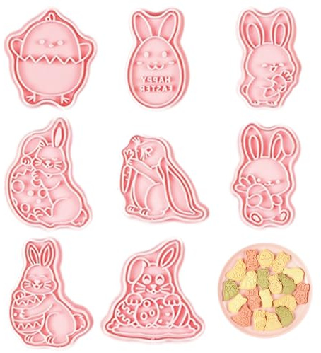 FloralGrace 8 Pieces Cute Easter Bunny Cookie Cutter Set, Plastic Cookie Stamp, Easter Egg Cookie Cutter, Cookie Mould Set, Baking Kitchen Tools for the Kitchen