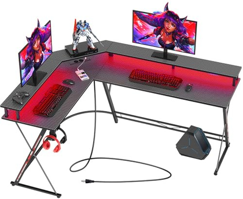 SEVEN WARRIOR Mesa Escritorio Esquina, 147x127cm Mesa Gaming Led con Soporte para Monitor, 2 Tomas de Corriente y 2 Puertos de Carga USB, 2 Ganchos, Escritorio Forma l, Superficie de Fibra de Carbono