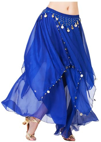 Damen Rock Bauchtanz Hüfttuch mit Münzen Bauchtanz Gürtel Rock Hüfttuch Münzen Gürtel Rock Bauchtanz Kostüm Quastenrock Rave Outfit Festival Fransenröcke Festival Glitzerrock (Sky Blue, One Size)